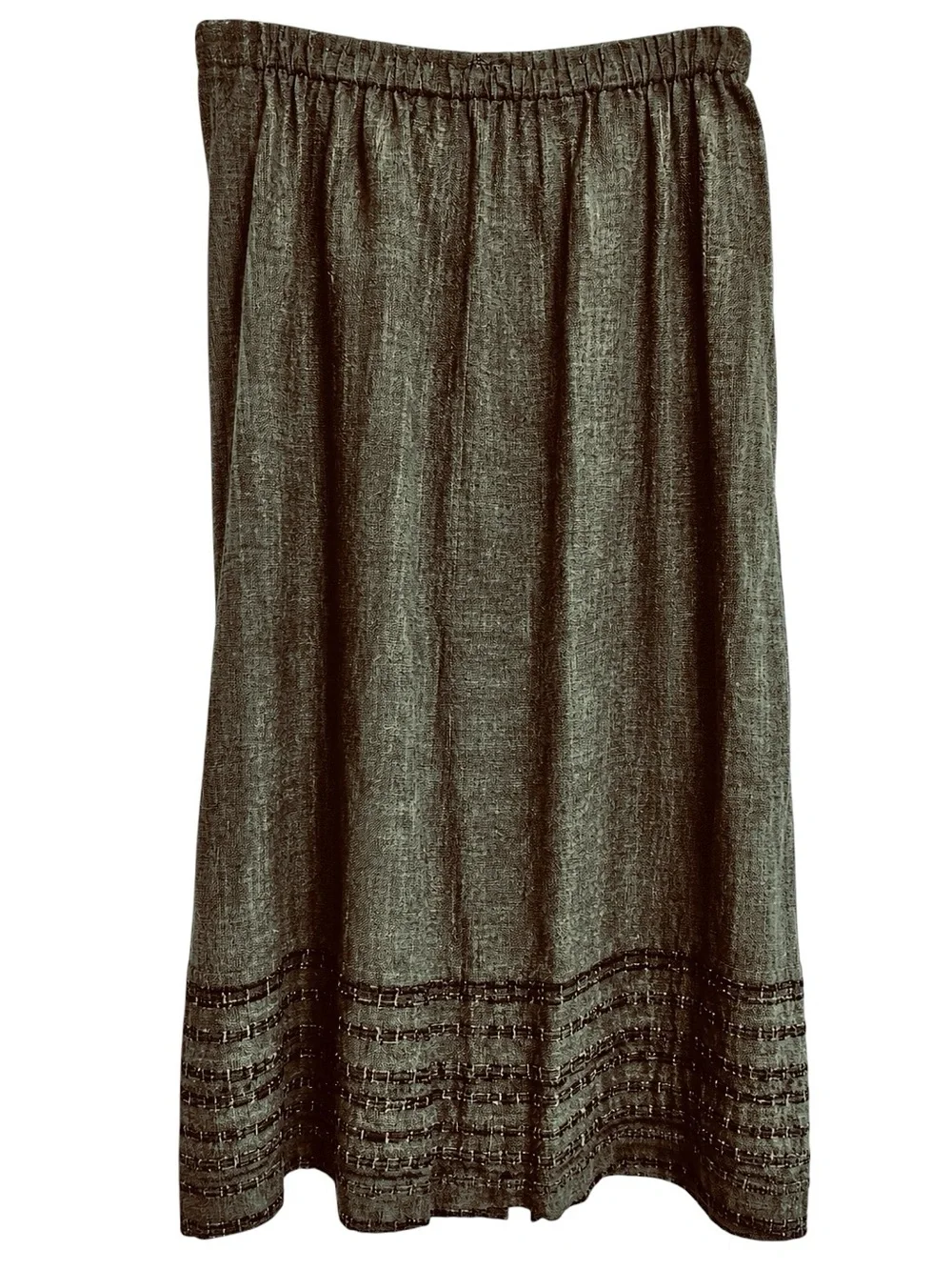 FLAX 100% Linen Midi Skirt Large Taupe Gray Textured Scalloped Overlay Lagenlook - Picture 8 of 13